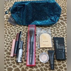 Lot of 12 Ulta Beauty:Blue Metallic Cosmetics Makeup Bag+11 Ulta Makeup+Brushes